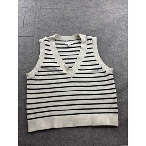 Evereve Striped Sweater Vest Womens M Cream Black Pullover Knit Nautical Preppy